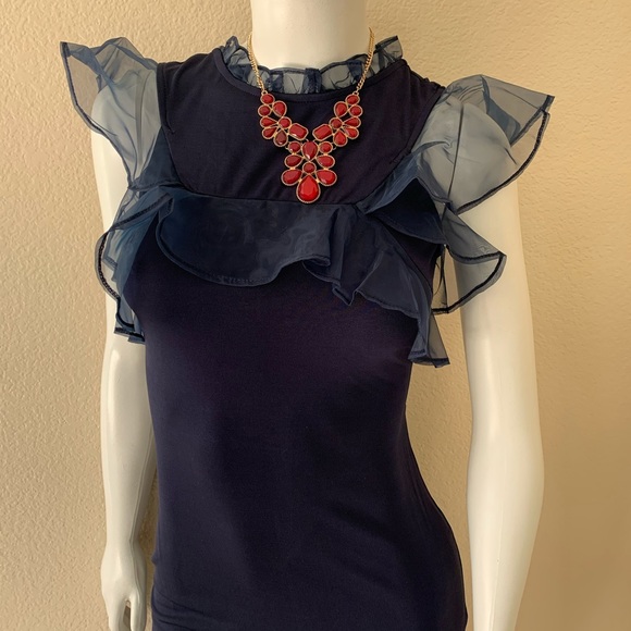 ❤️ Material Girl - Navy Ruffled High Neck Dress - Picture 6 of 8